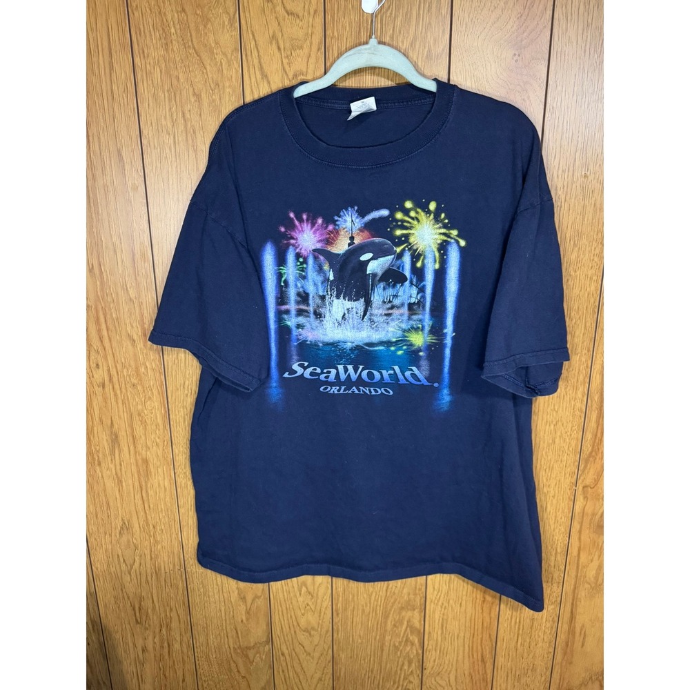 Vintage SeaWorld Orlando Shamu Orca Fireworks T-Shirt Navy Blue Mens 2XL Anvil